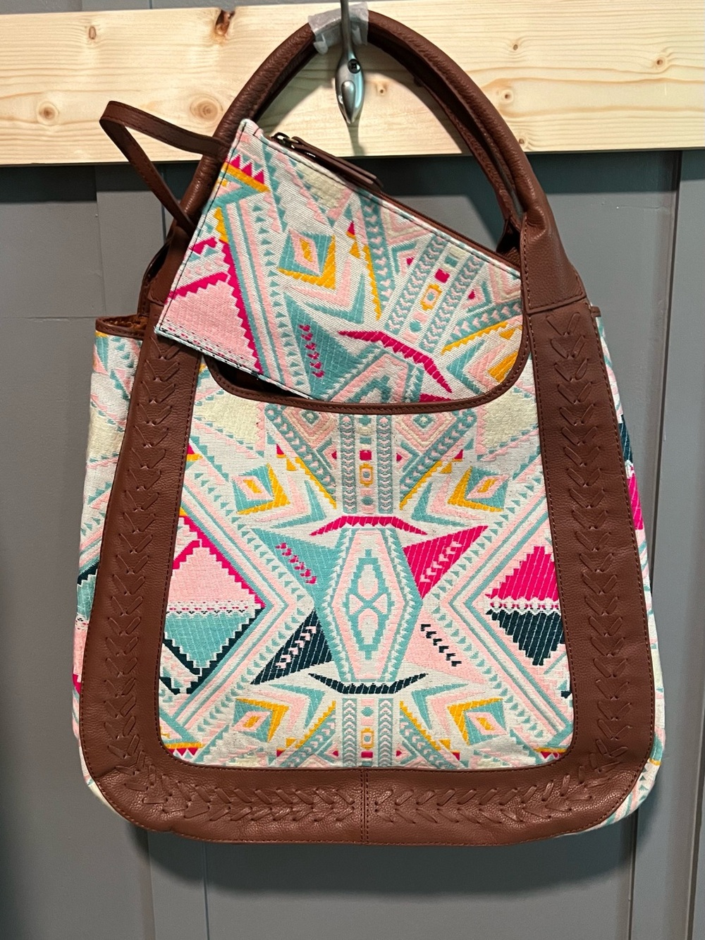 Myra Bag Pink, Teal & Brown Geometric Embroidered Tote